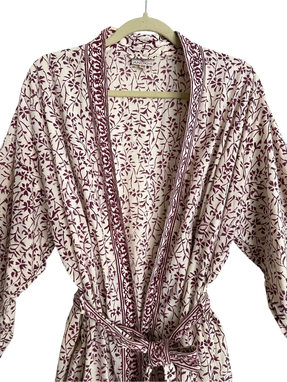 ANOKHI Cotton Block Print Kimono Robe Free Size Boho Burgundy Floral Loungewear